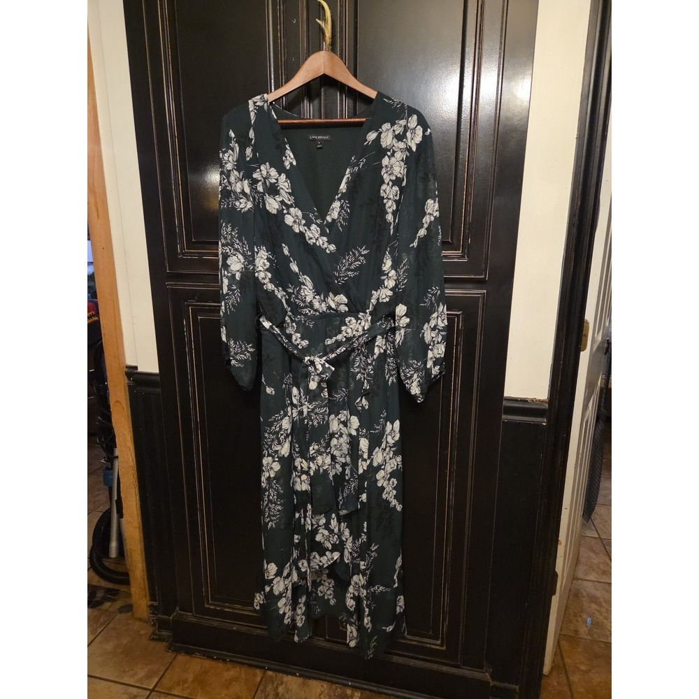 Lane Bryant 24 Green Floral Chiffon Faux Wrap Dress, Sheer Sleeve, Wedding,...